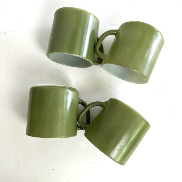 FEDERAL MILK GLASS CUPS MUGS D-HANDLE MID CENTURY GREEN HEAT PROOF SET X4 - Picture 11 of 11